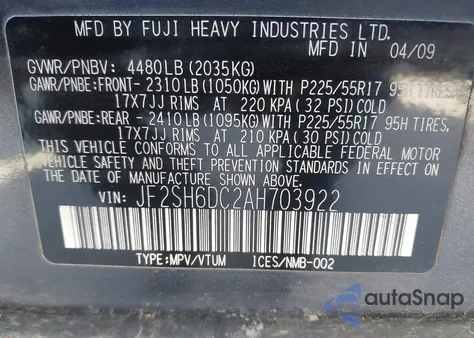 2010 Subaru Forester 2.5X Limited from USA, damaged, VIN JF2SH6DC2AH703922